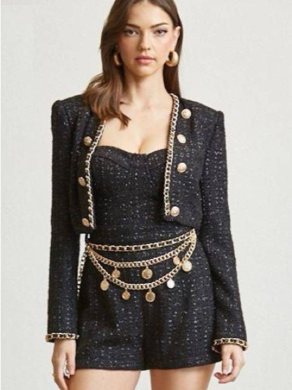 Black Jumpsuit with Cropped Tweed Jacket